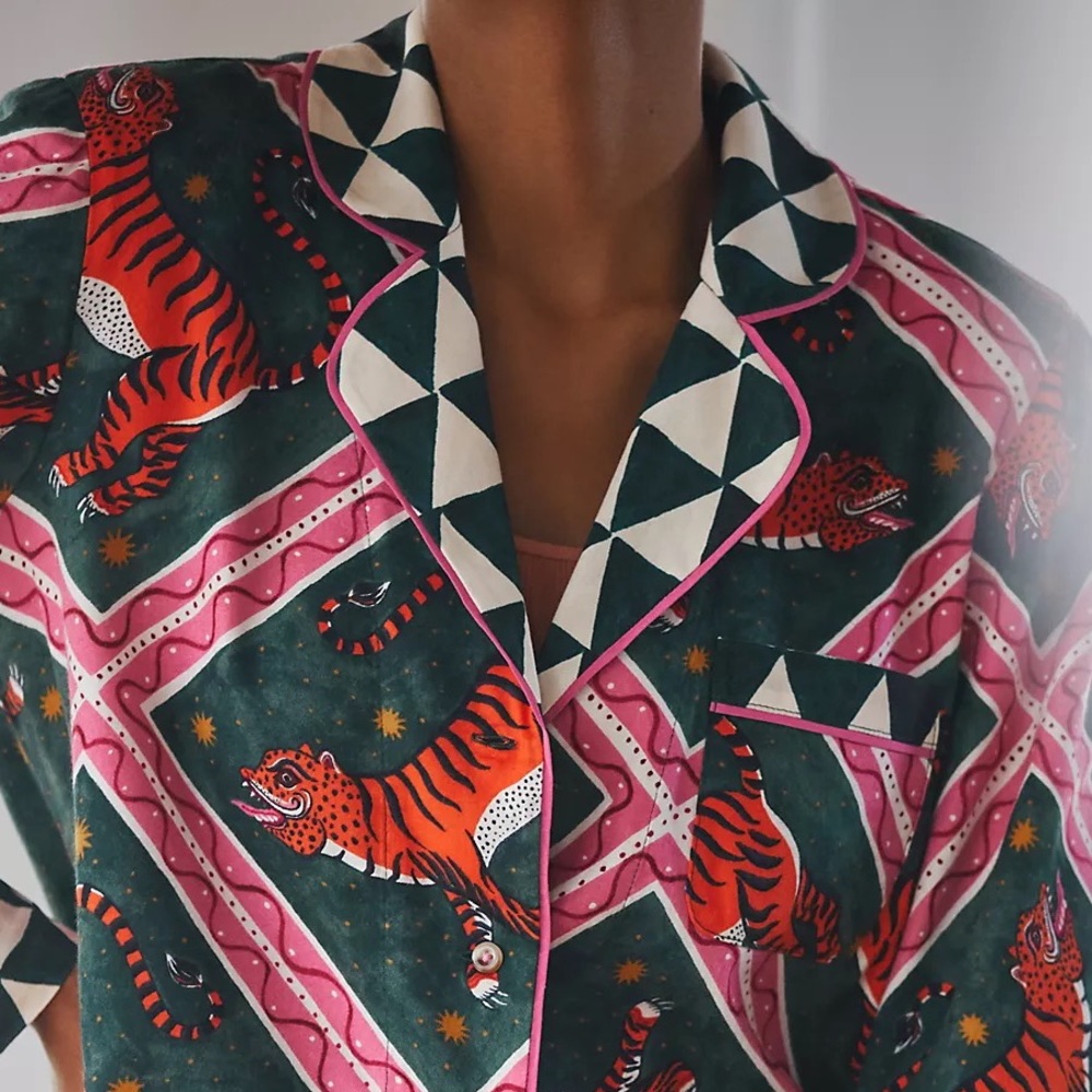 ANTHROPOLOGIE Corinne Lent Tigress Flannel Pajama Top Lounge Button Front M NWT - Picture 4 of 9